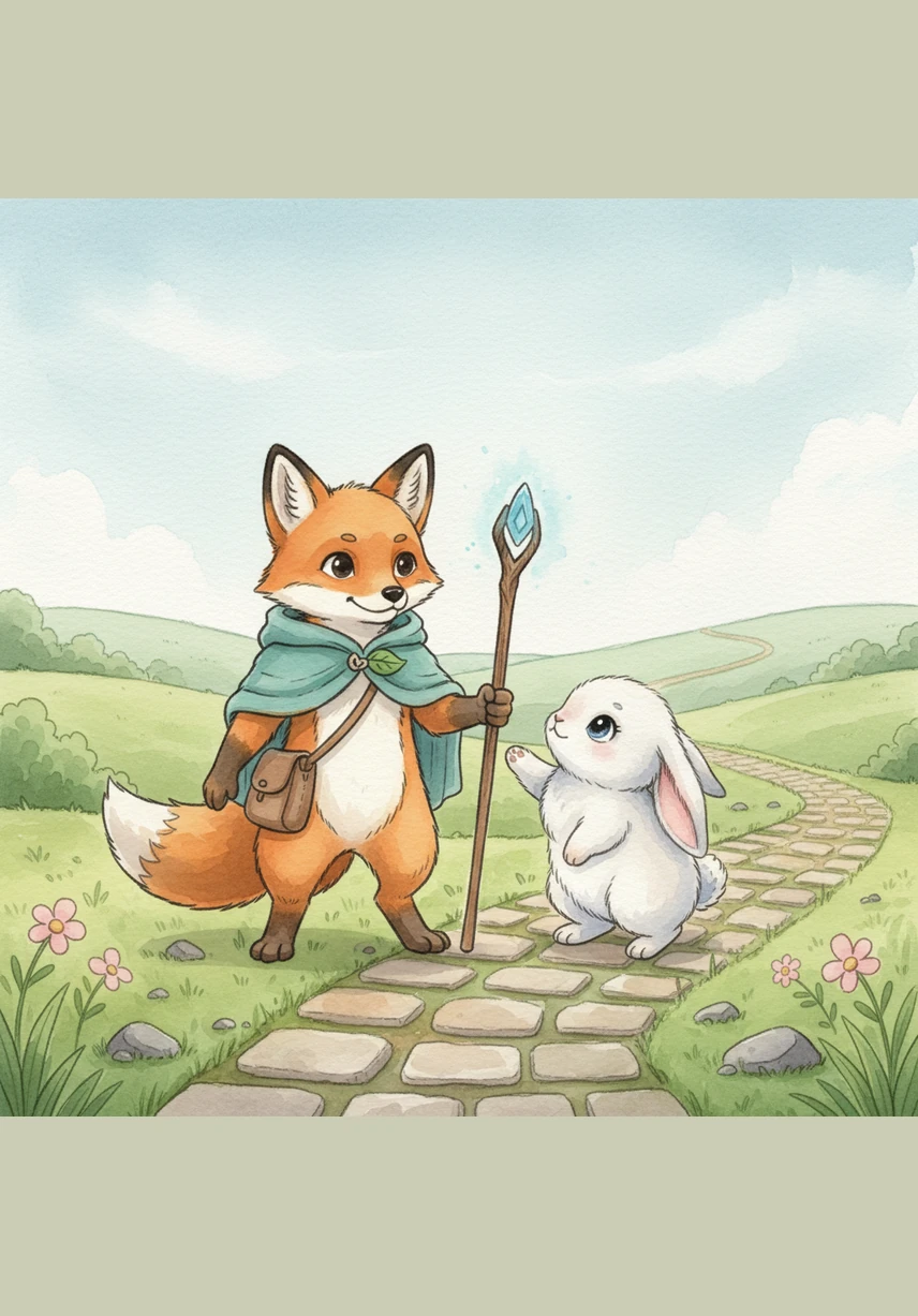 Finn smiled warmly and offered his paw, promising to help his new acquaintance find the way home. Together, the bright orange fox and the fluffy white bunny began their trek across the rolling green hills and winding stone paths of the park.