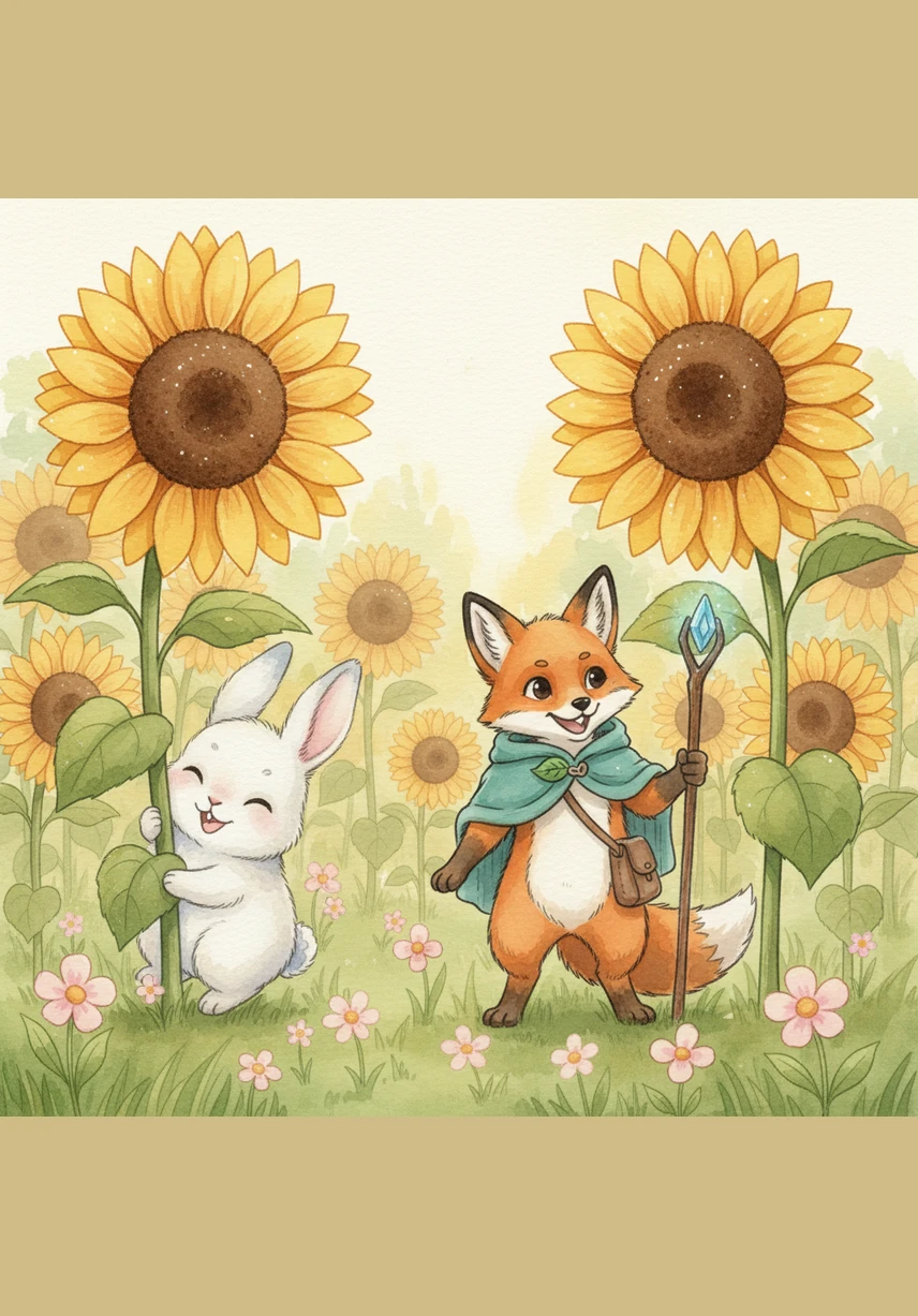 To distract Barnaby from his worries, Finn led him through a secret meadow filled with shimmering, tall sunflowers that seemed to glow in the light. They laughed together as they played a quick game of hide-and-seek among the giant yellow petals.