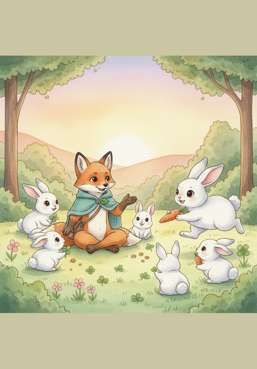 Barnaby’s mother hopped over to Finn and invited him to stay for a sunset feast of sweet clover and crunchy garden carrots. The park was no longer a lonely place as Finn joined the bunny family, sharing stories and laughter under the cooling sky.