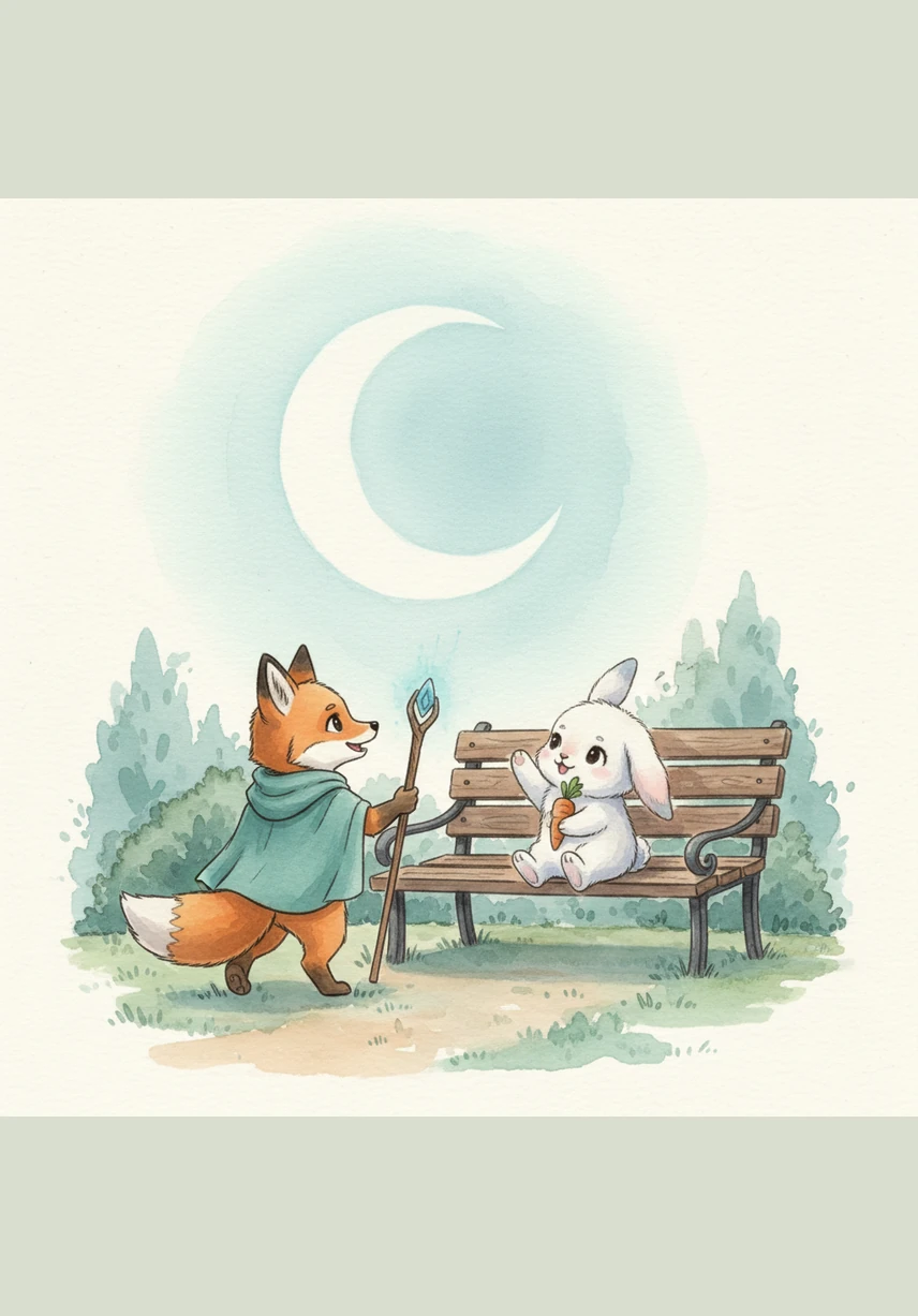 Under the soft glow of the rising moon, Finn and Barnaby made a special promise to meet at the wooden bench every single morning. The little fox walked home with a full heart and a wagging tail, knowing he had finally found a best friend for life.