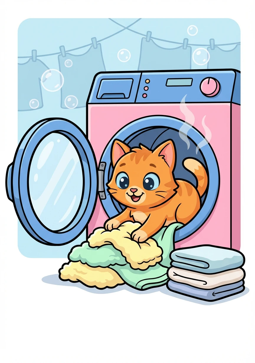 Oliver, a small ginger cat, lived in the laundry room of the Grand Hotel. He loved the warmth of the dryers and the soft piles of towels.