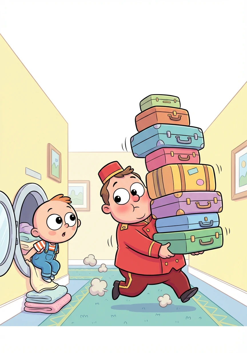 One day, Oliver peeked out of the laundry room and saw a bellhop rushing by with a mountain of suitcases. He decided to follow him.