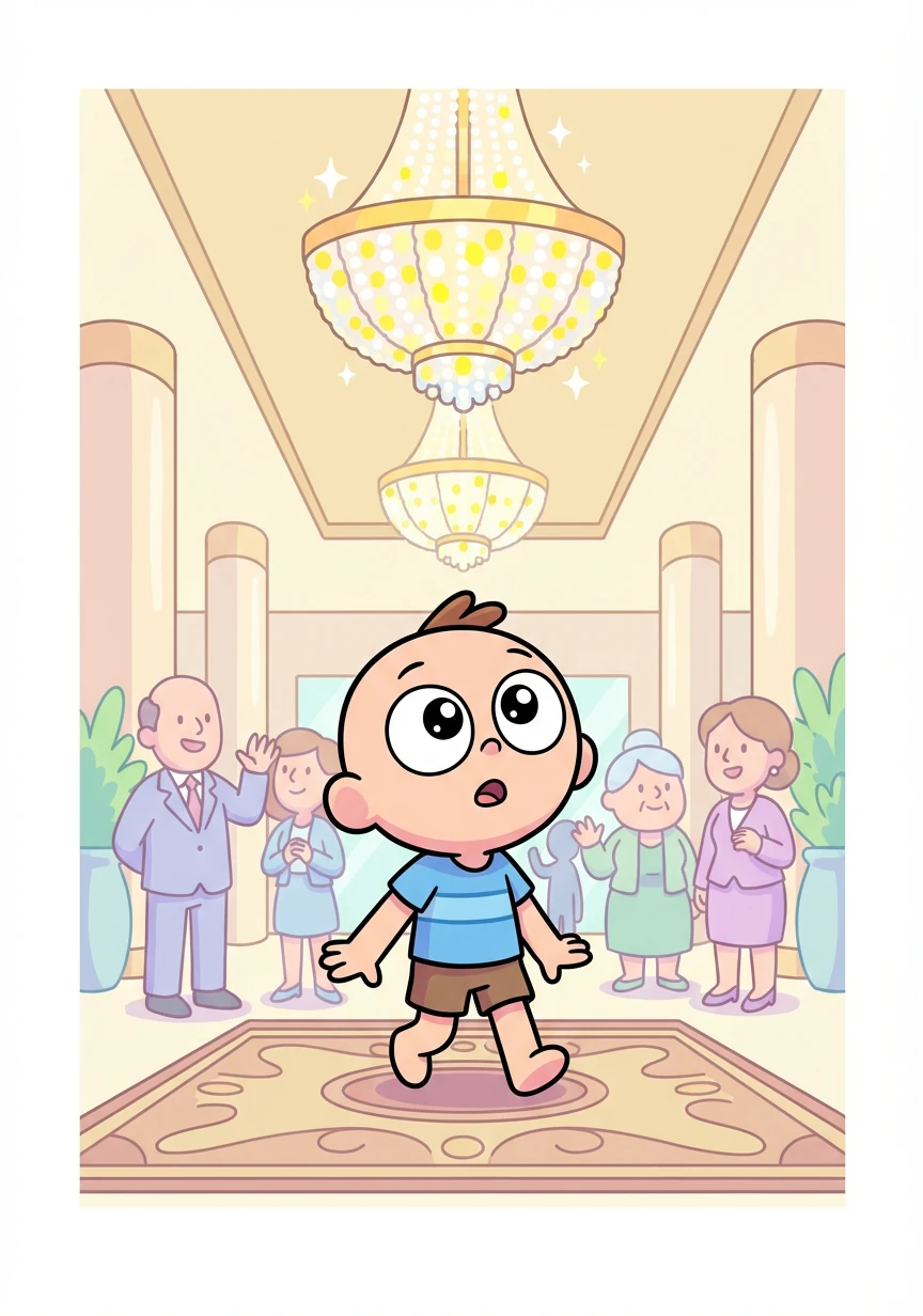 Oliver tiptoed through the grand lobby, his eyes wide with wonder at the sparkling chandeliers and the smartly dressed guests.