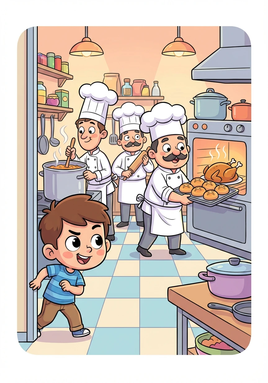 He slipped into the hotel kitchen, where chefs were busy preparing delicious meals. The aromas of roasted chicken and freshly baked bread filled the air.