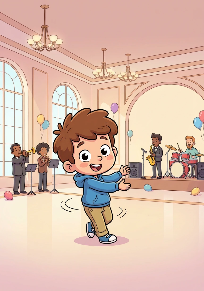 Oliver explored the hotel's ballroom, where a band was setting up for a grand party. He imagined himself dancing with the elegant guests.