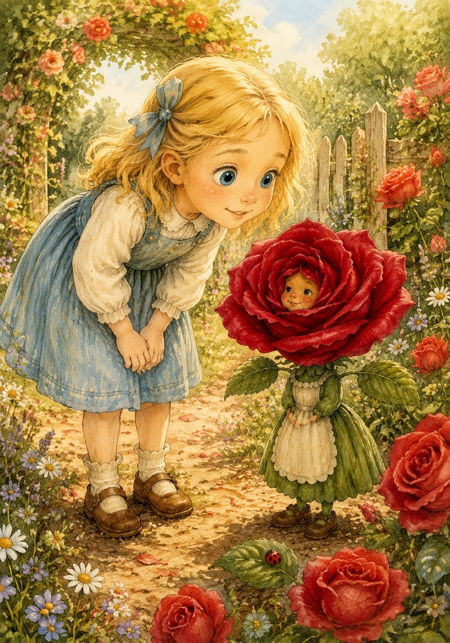 Lily adored exploring her grandmother's sprawling, wild garden. One sunny afternoon, while searching for ladybugs, she was drawn to a particularly beautiful rose with petals the color of rich ruby. She leaned in close to admire its velvety beauty.