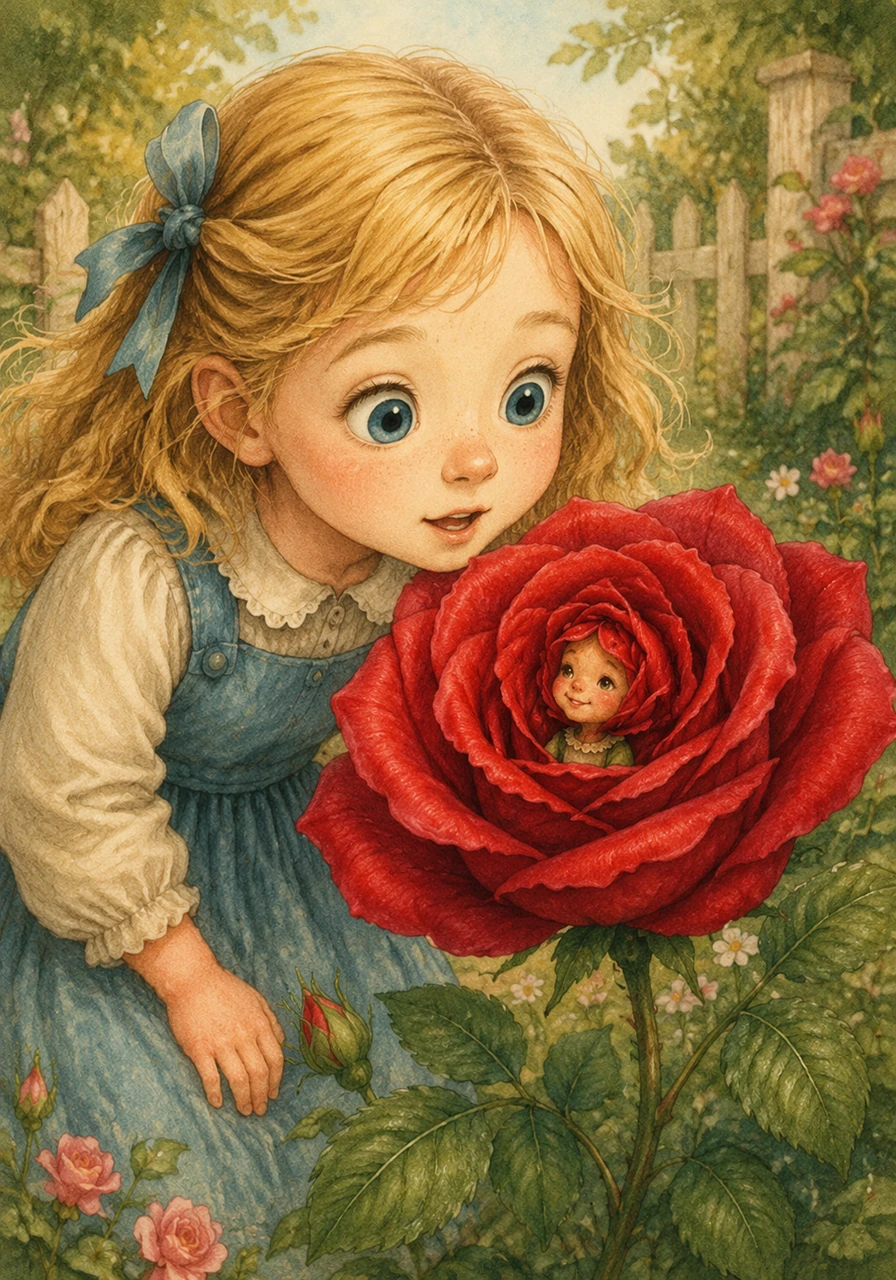 The voice came again, this time a giggle. 'Down here! It's me, Rosie.' Lily leaned closer to the beautiful ruby-red rose, her eyes wide with amazement, seeing the tiniest of smiling faces nestled deep within the petals.