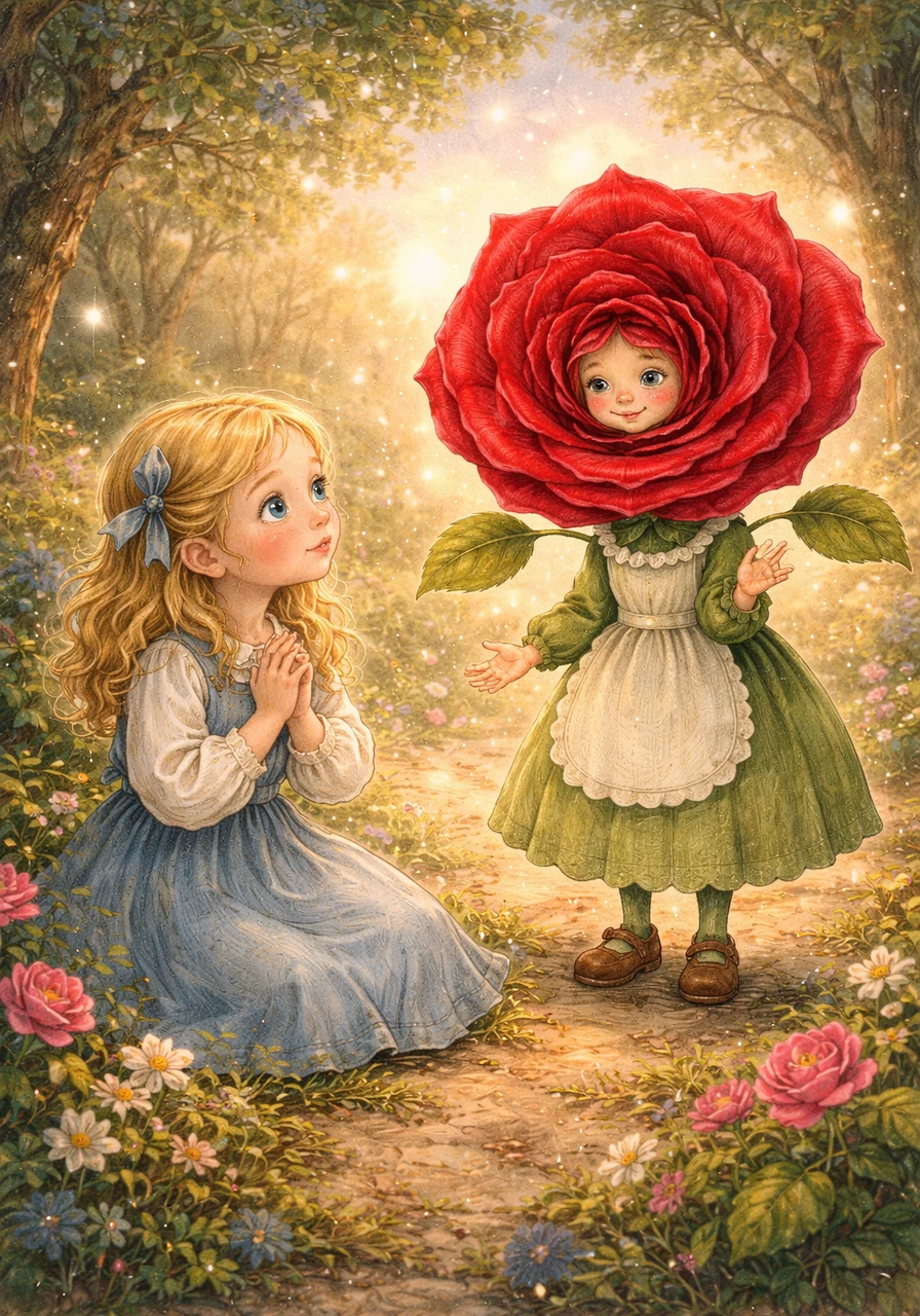 Rosie, the talking rose, began to weave tales of a hidden realm called Floralia, where flowers shimmered with starlight and every tree could sing. 'Floralia was once so vibrant,' Rosie sighed, her voice soft with longing, 'but it's been forgotten, fading away like a sunset.'