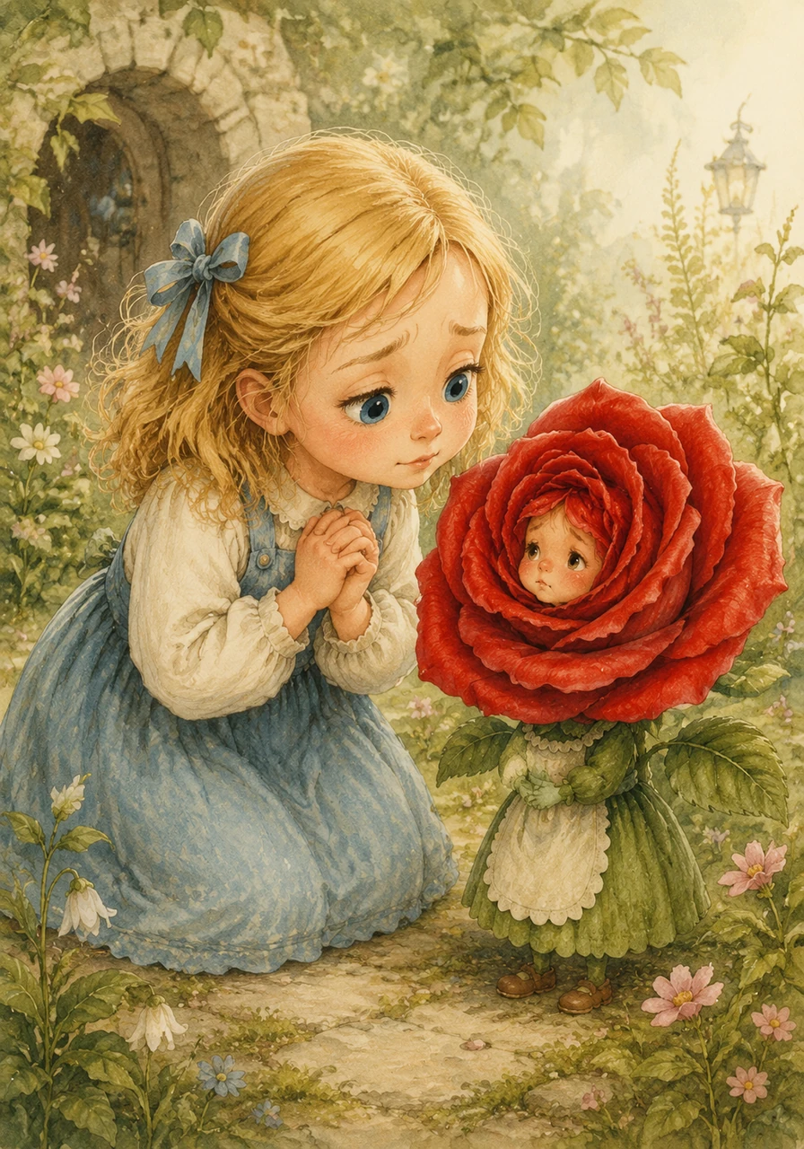 Rosie's face, small within the petals, looked sad. 'I was chosen as a Keeper, to hold the memory until someone with a pure heart came along,' she explained, looking directly at Lily. Lily, deeply touched, felt a strong desire to help.