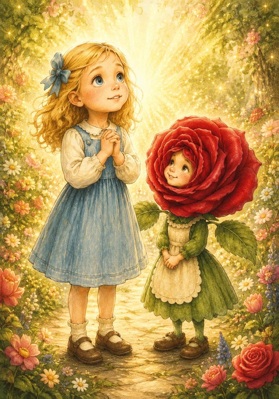 Lily’s heart swelled with determination. 'I believe, Rosie! I believe with all my heart!' she proclaimed, clasping her hands together earnestly. The garden around them briefly shimmered brighter than before.