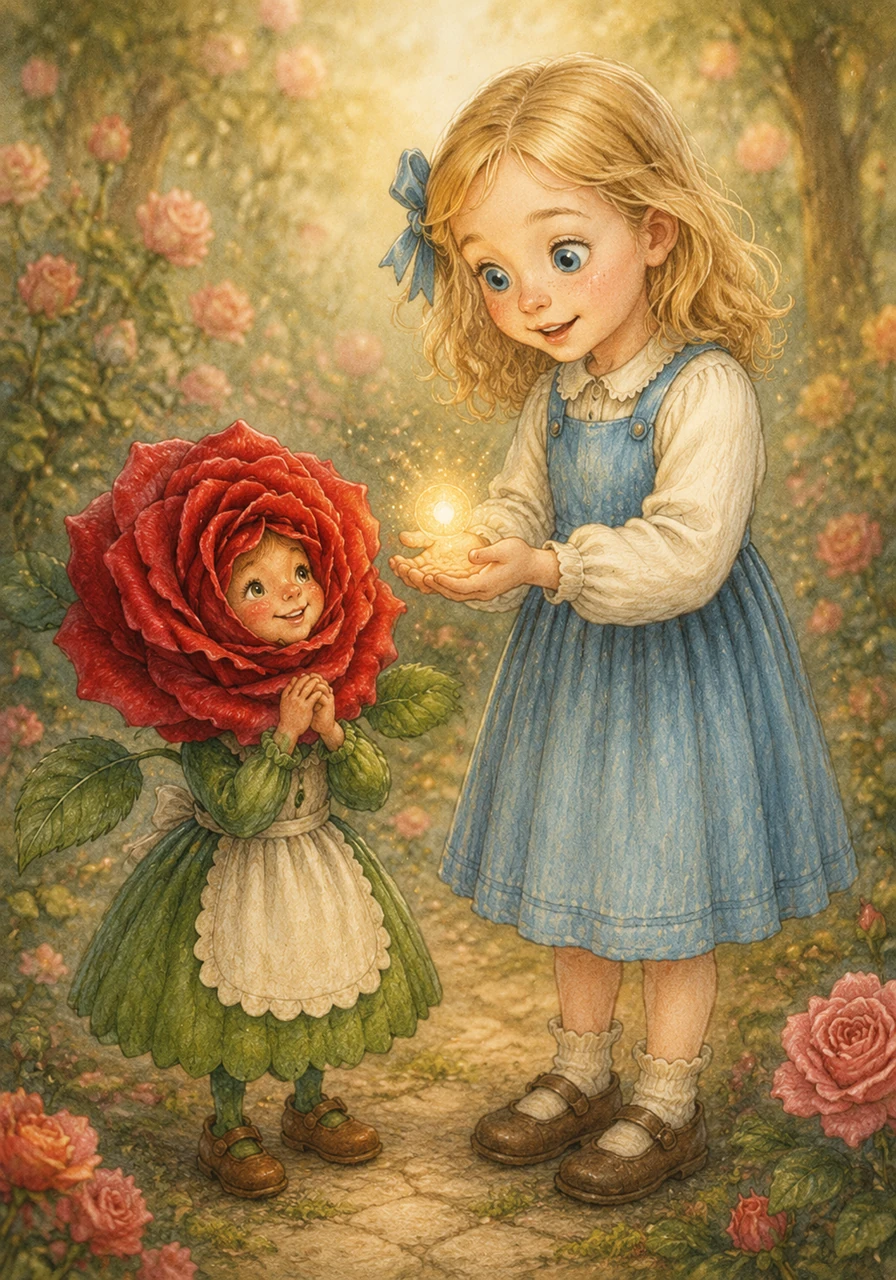Rosie beamed, her small face radiant. 'Your belief has started the magic humming again, Lily!' A single, glowing orb of gentle light floated from the rose's center, resting gently in Lily's palm before vanishing.