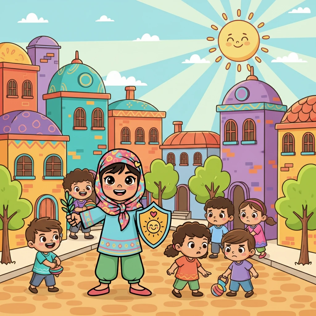 في قرية الأمل الهادئة، حيث البيوت الملونة تبتسم تحت أشعة الشمس، كانت أمل الصغيرة تلعب مع صديقاتها. كانت أمل فتاة مرحة تحب الجميع، لكنها لاحظت أن بعض الأطفال كانوا يتصرفون بشكل سيئ مع الآخرين.