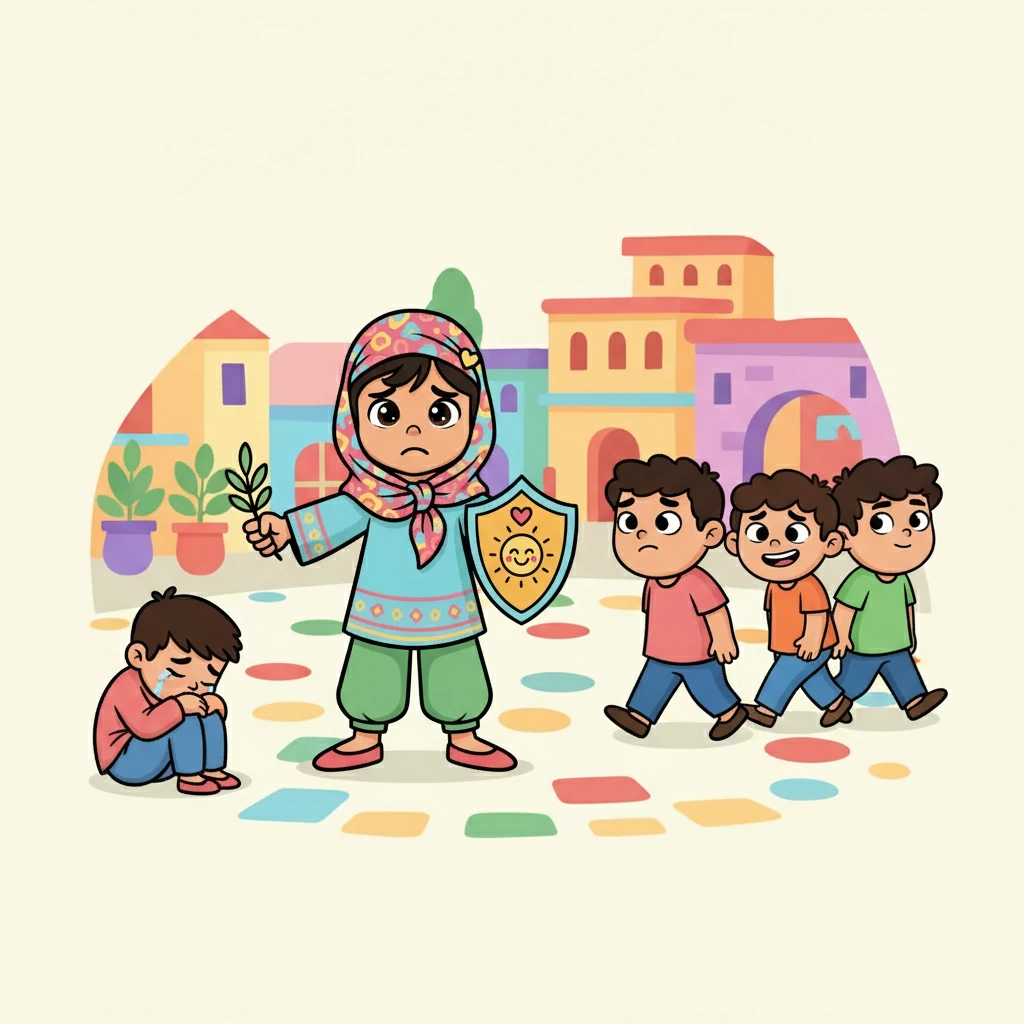 في يوم من الأيام، رأت أمل طفلًا يبكي لأنه تعرض للتنمر من قبل مجموعة من الأولاد الأكبر سنًا. شعرت أمل بالحزن والشفقة، وقررت أن تفعل شيئًا ما لمساعدة هذا الطفل.