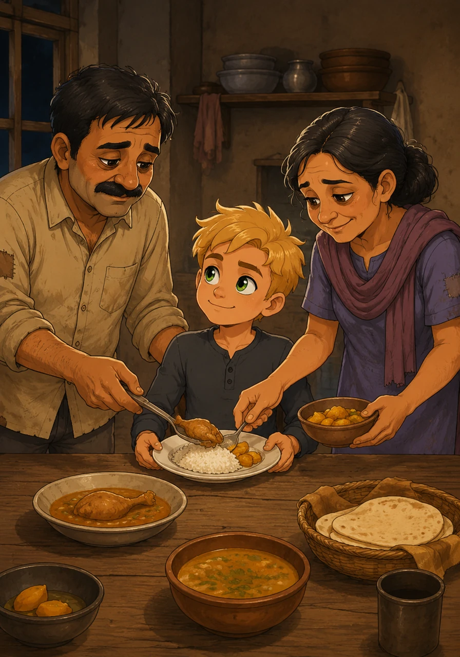 At the dinner table, Leo notices his parents quietly sliding the best portions of food onto his plate while claiming they aren't hungry. They wear their faded, threadbare clothes with pride so that he can walk into school wearing something brand new.