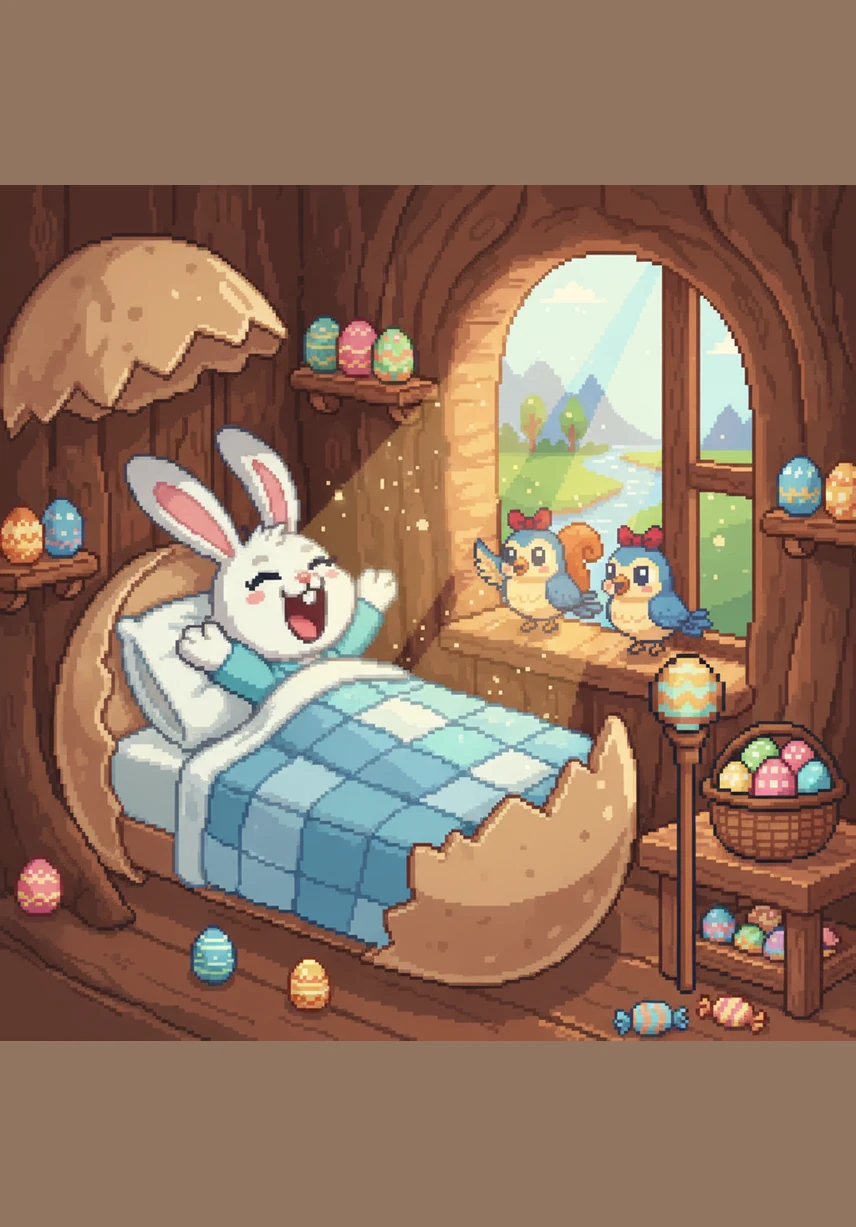 Benny the Easter Bunny woke up early as the sun began to peek over the horizon, painting the sky in soft pinks. He put on his favorite little green hat and grabbed his sturdy wicker basket, feeling excited for the busy day of hiding eggs ahead.