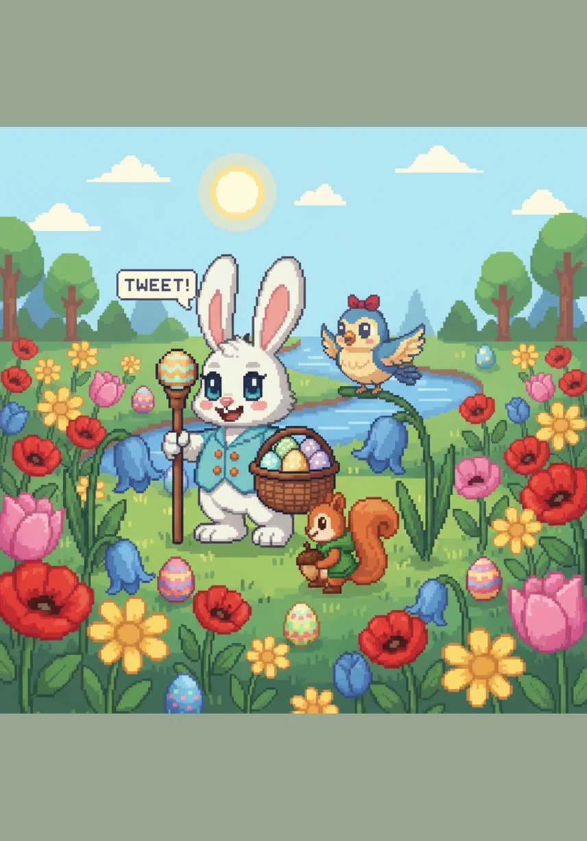 Benny hopped joyfully into the colorful flower meadow, where the morning dew sparkled like diamonds on the grass. He carefully tucked a bright red egg under a large yellow flower and hid a blue egg behind a smooth, shiny rock.