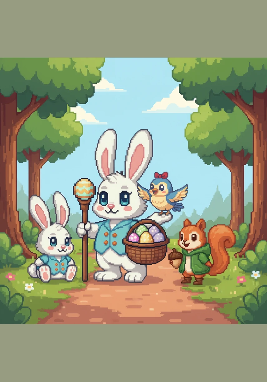 On the winding forest path, Benny heard a cheerful chirp and looked up to see Polly the little bird perched on a branch. He stopped to say hello and asked his feathered friend if she would like to help him with his important Easter task.