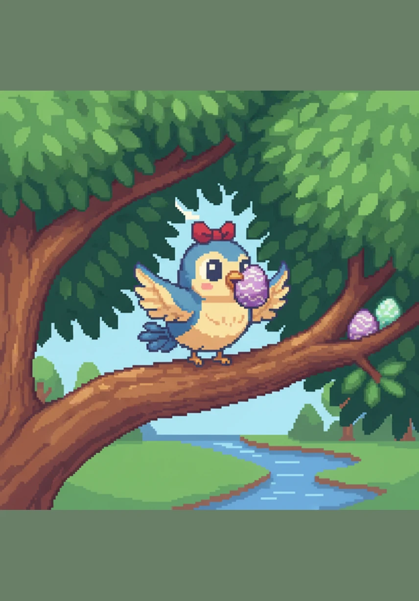 Polly chirped with delight and took a beautiful purple egg in her beak, flying high into the leafy canopy. She found a safe, cozy spot on a sturdy tree branch to hide the egg where the children would have to look closely to find it.
