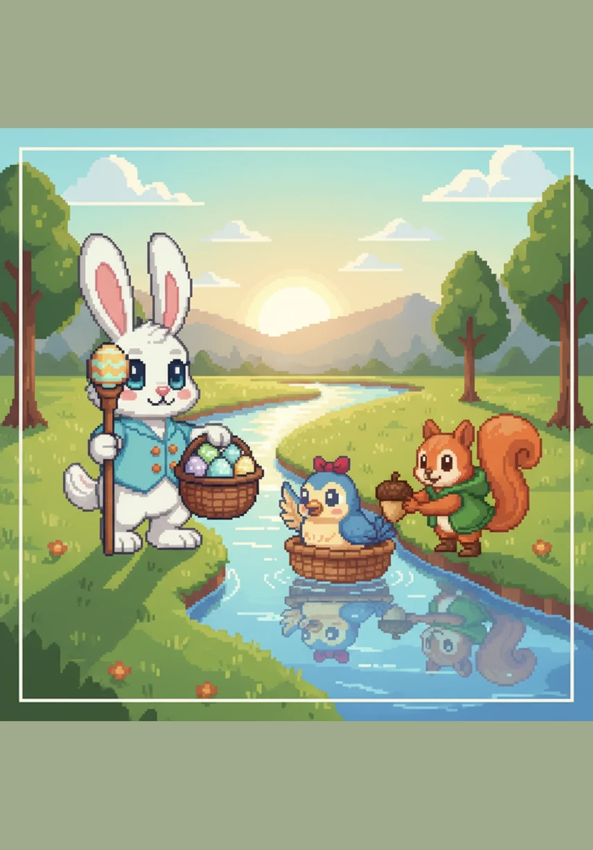 Benny arrived at the edge of the sparkling river, where the clear water danced over colorful stones. He met Sammy the squirrel, who was busy gathering nuts but paused to see what was inside Benny's colorful basket.