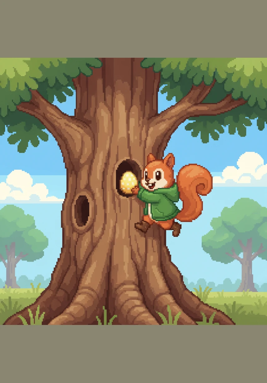 Sammy gave a big smile and took a sunny yellow egg, scurrying quickly up a tall oak tree. He carefully placed the egg inside a small, secret hole in the trunk, making sure it was perfectly hidden for the big Easter hunt.