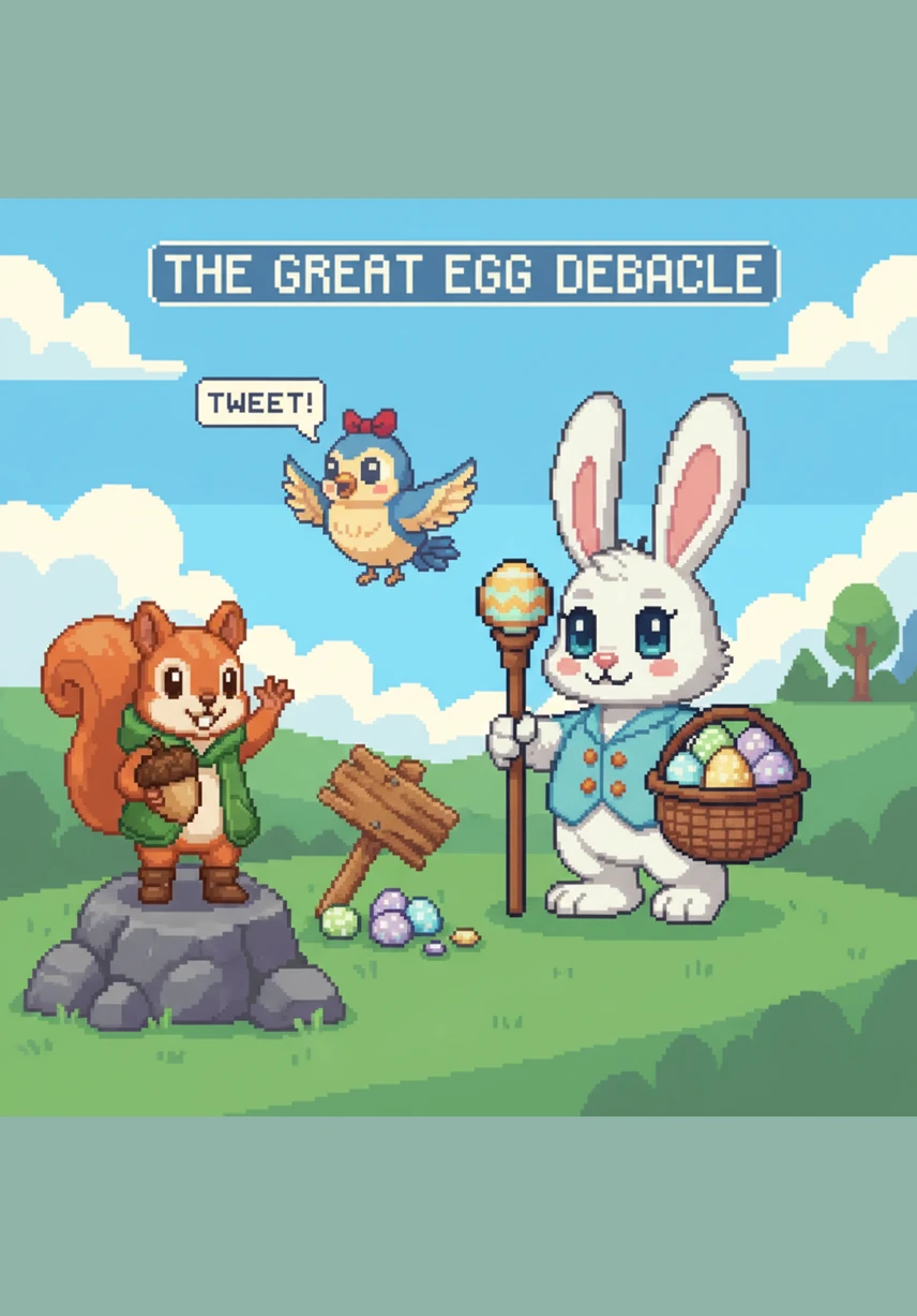 As Benny reached the top of the lush green hill, he stopped to count his eggs and gasped in surprise. He realized one egg was missing and began searching frantically under flowers and behind trees, wondering where it could have gone.