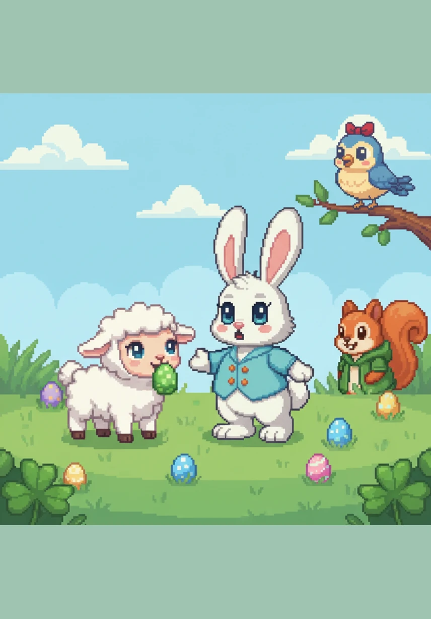 Suddenly, a soft giggle came from behind a patch of clover, and Lila the little lamb appeared. She was gently holding a bright green egg in her mouth, her eyes twinkling with mischief and kindness as she approached Benny.