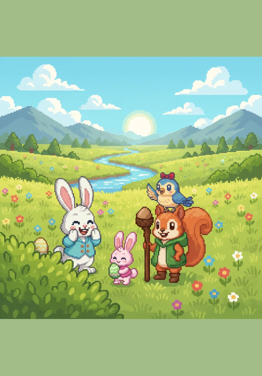 Benny laughed with relief as he and Lila found the perfect hiding spot for the final green egg behind a large, leafy bush. All the friends gathered together, looking out over the meadow and hills, proud of their hard work and teamwork.