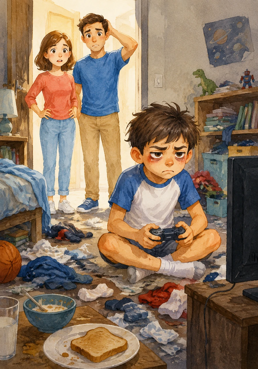 Because he plays games for many hours, Adam’s eyes are always red and tired. He feels grumpy and forgets to eat his breakfast or tidy up his messy room.