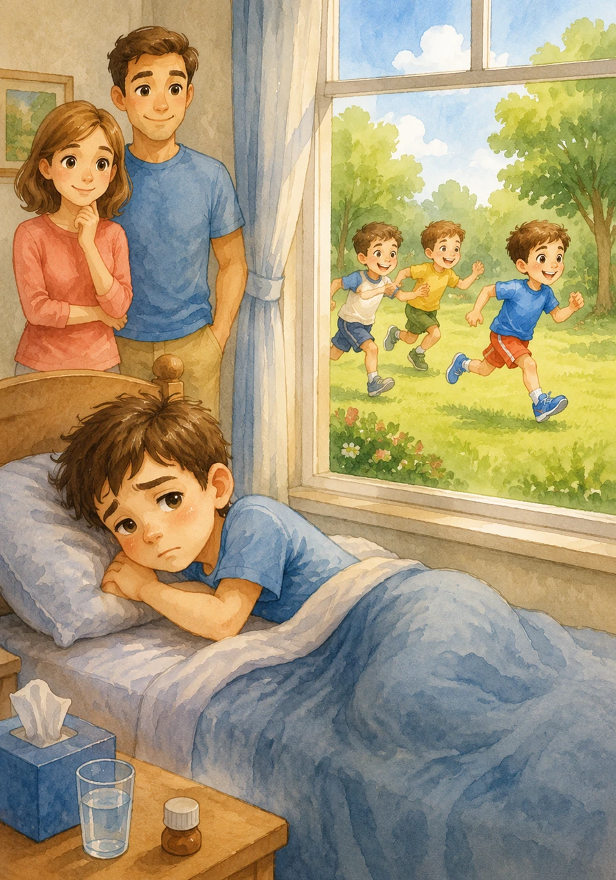 Through the window, Adam sees his friends laughing and playing tag in the green grass. He wants to join them, but he feels too weak and sleepy to even stand up.