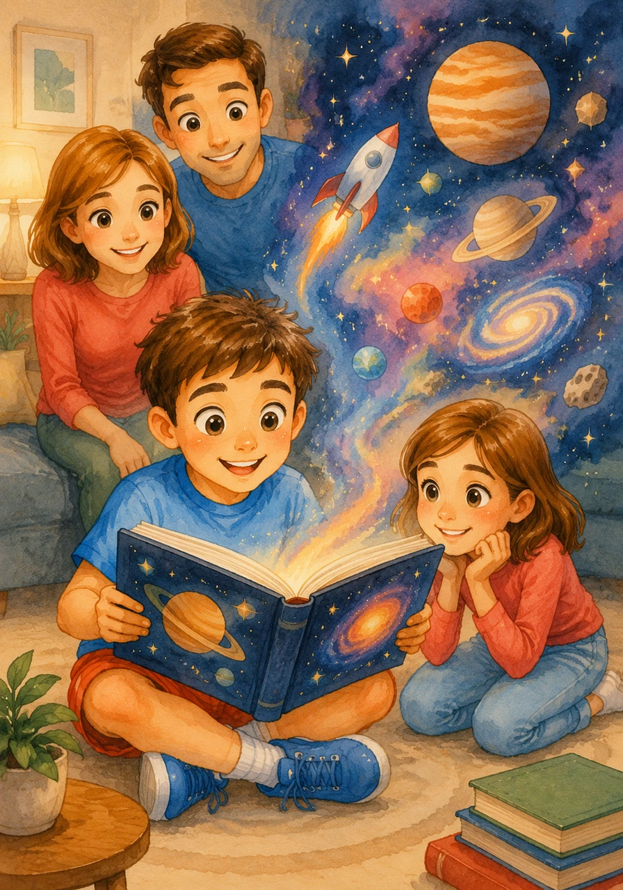 With his new free time, Adam picks up a big, colorful book about stars and planets. He discovers that the pictures in his mind are even more exciting than the games on his screen.