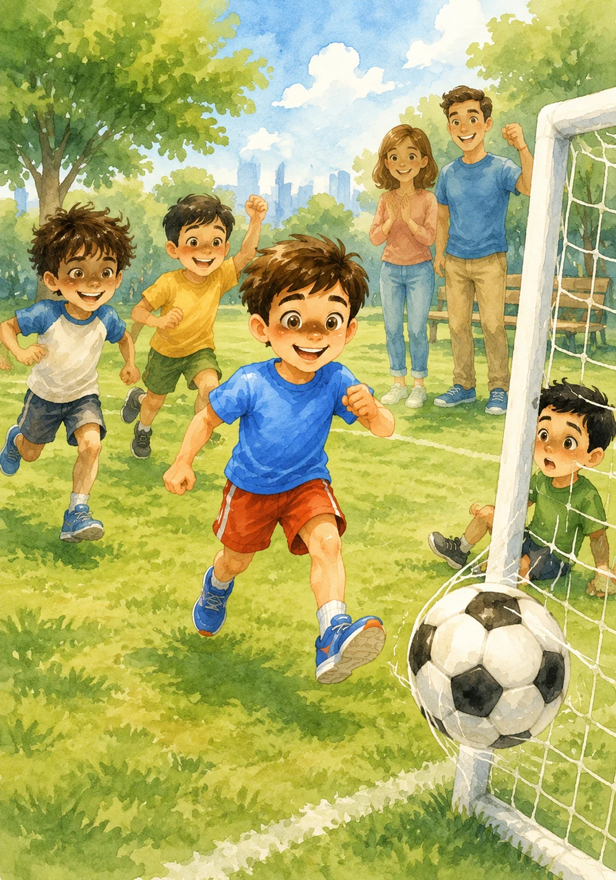 Adam runs to the park and kicks a bright football with his best friends. The fresh air fills his lungs, and his legs feel fast and powerful as he scores a great goal.