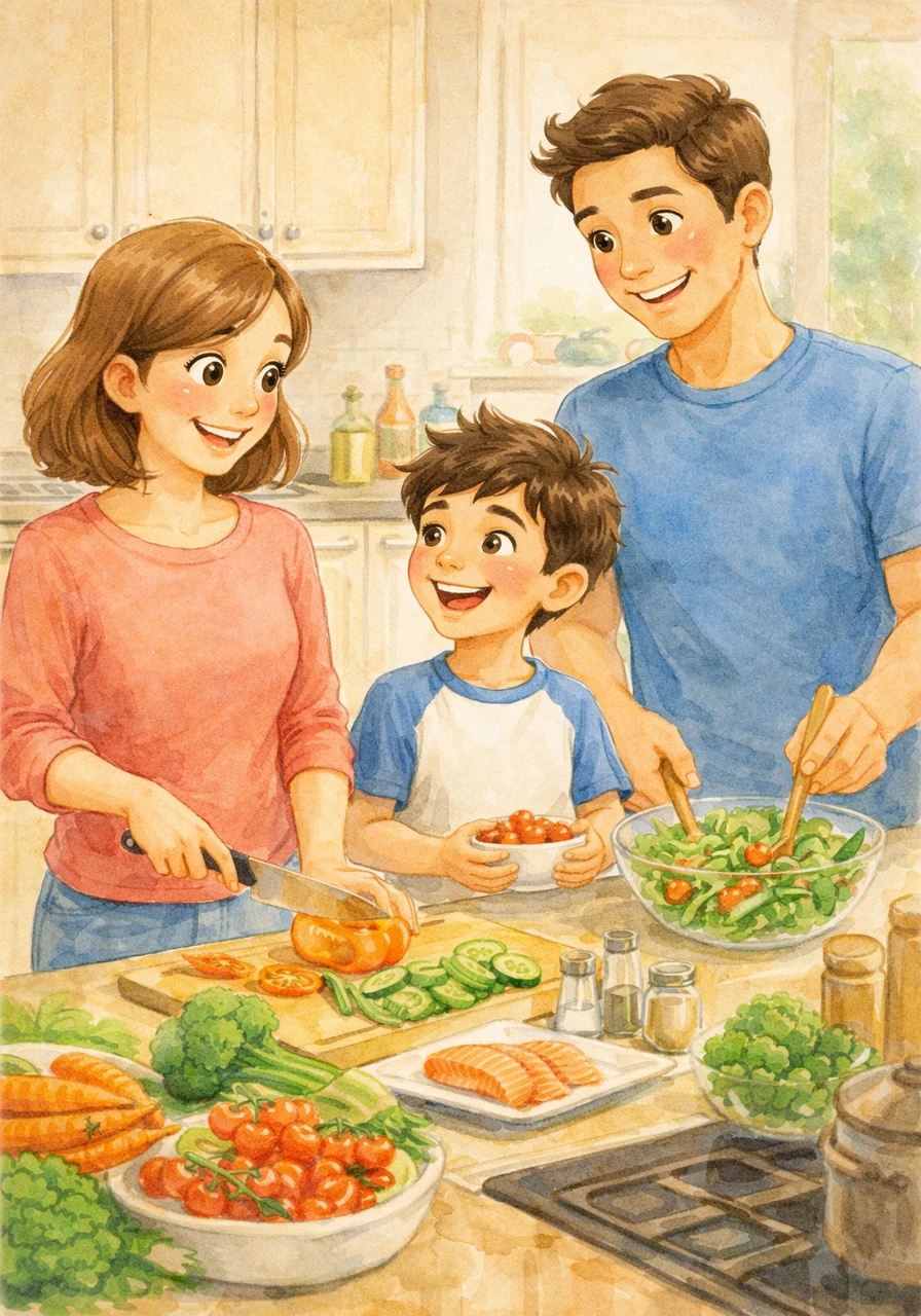At home, Adam helps his mom and dad prepare a delicious and healthy dinner. They talk and laugh together, and Adam realizes how much he missed spending time with his family.
