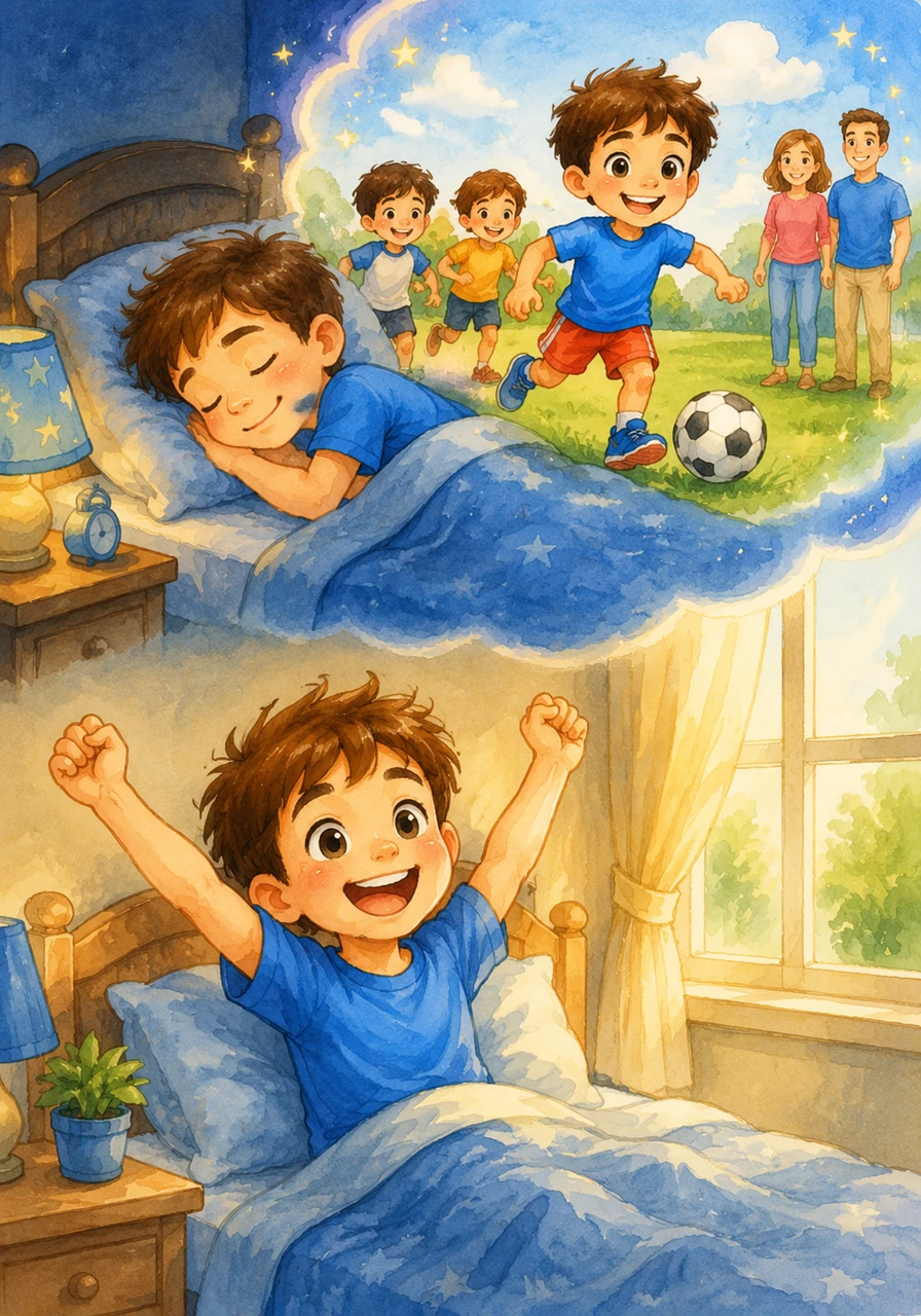 That night, Adam falls asleep as soon as his head hits the soft pillow. He has sweet dreams and wakes up the next morning feeling full of sunshine and energy.