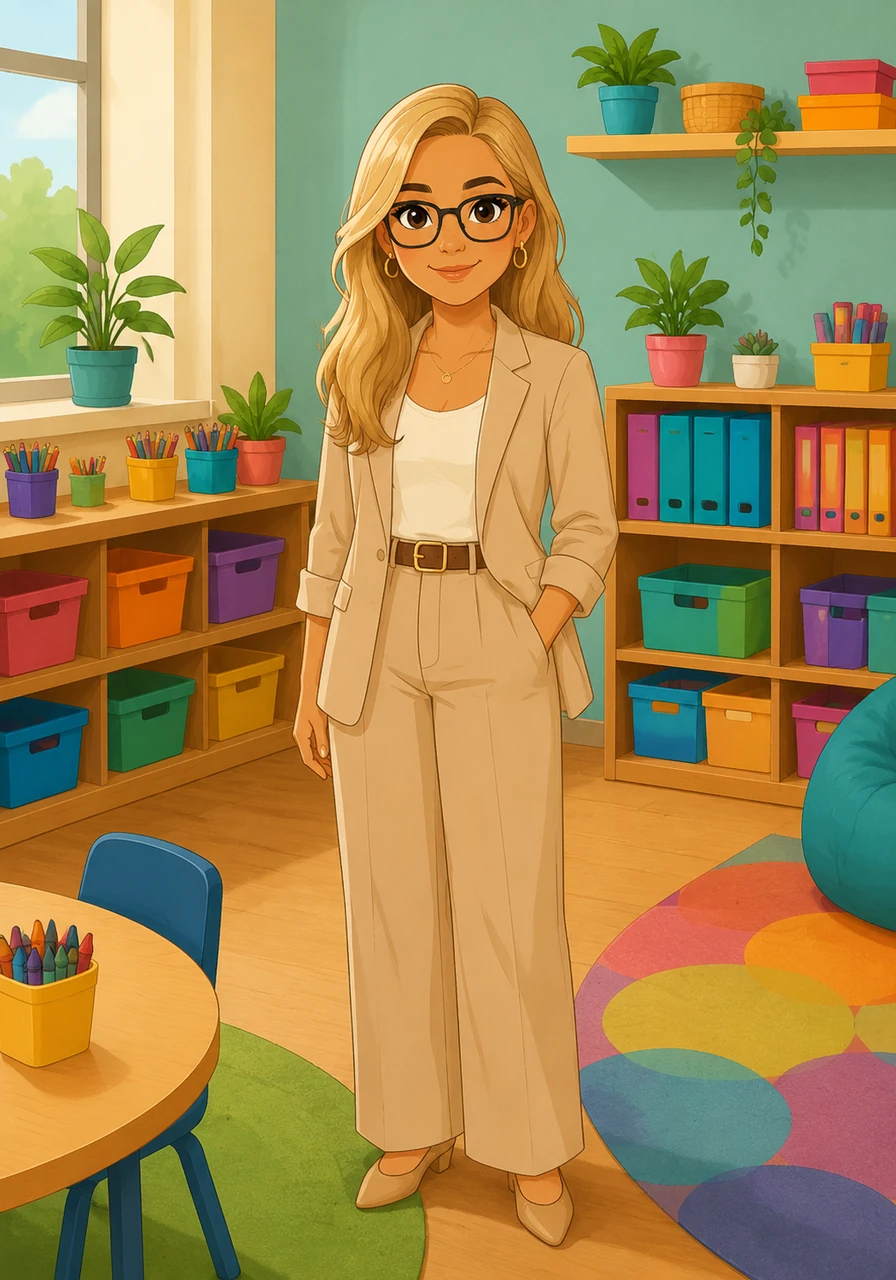 Judy M. Rivera Figueroa stands in her vibrant classroom, a petite woman with blonde hair and stylish square glasses. Her outfit looks like it stepped right out of a Pinterest board, matching the colorful and perfectly organized shelves that have been her home at Ebatec for five years.