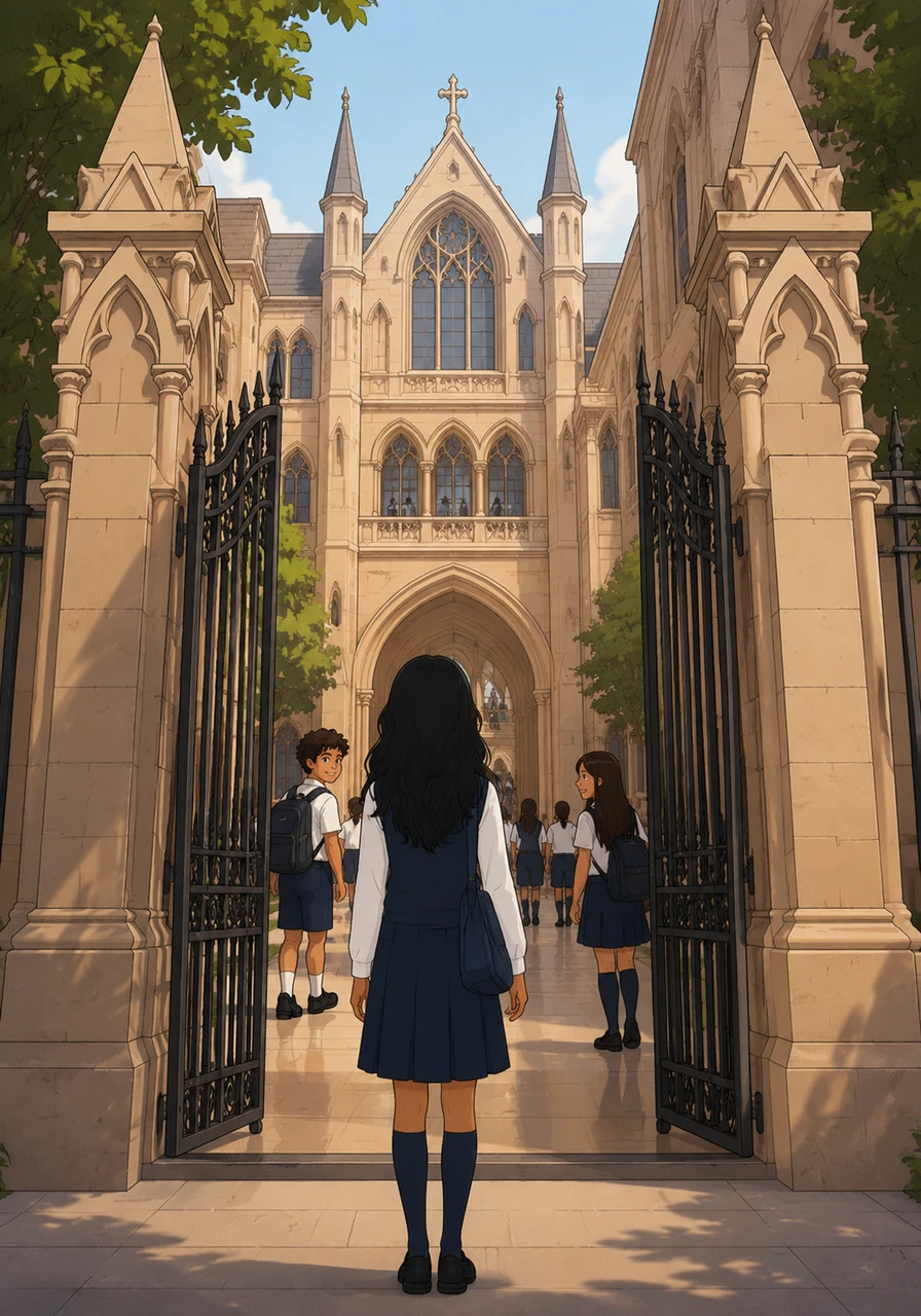 Judy arrives at the gates of Notre Dame, a prestigious school with a century of history and grand stone buildings. The hallways are much larger and busier than her previous school, making her feel small but determined to make her mark.