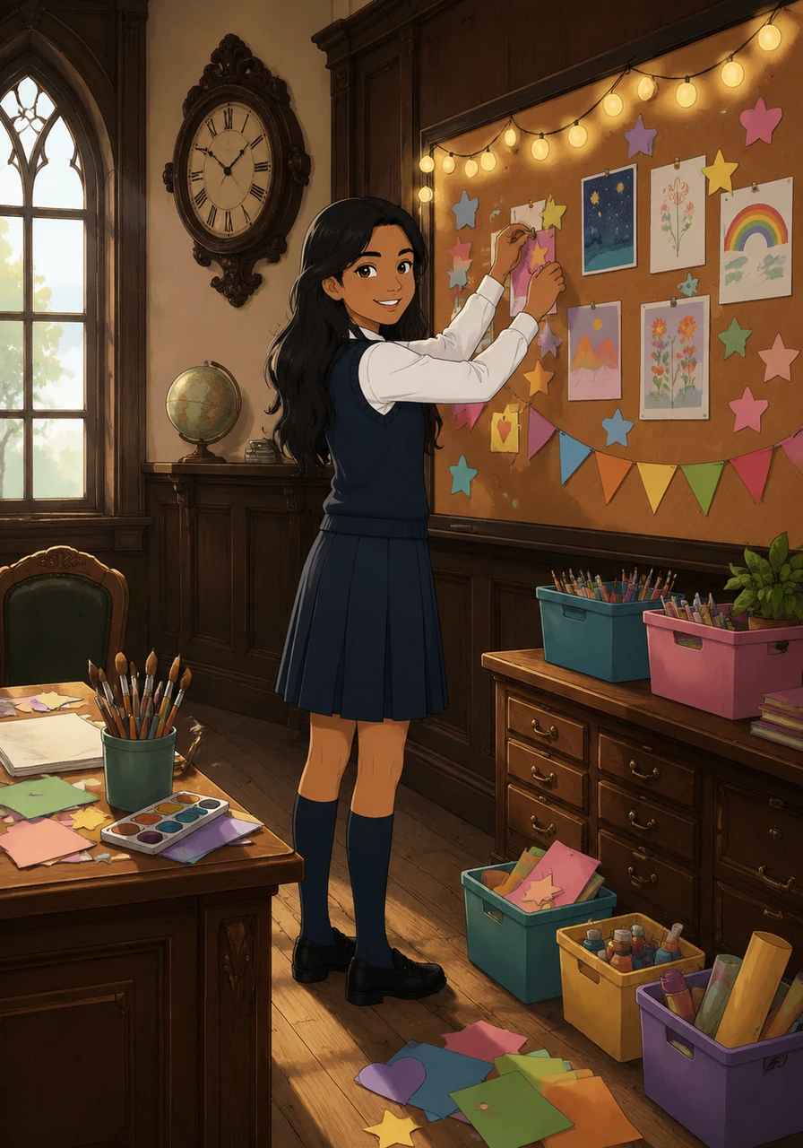 In her new classroom, Judy begins to arrange her creative materials and bright decorations. She keeps a positive smile on her face, even as she feels the weight of the hundred-year-old traditions surrounding her.