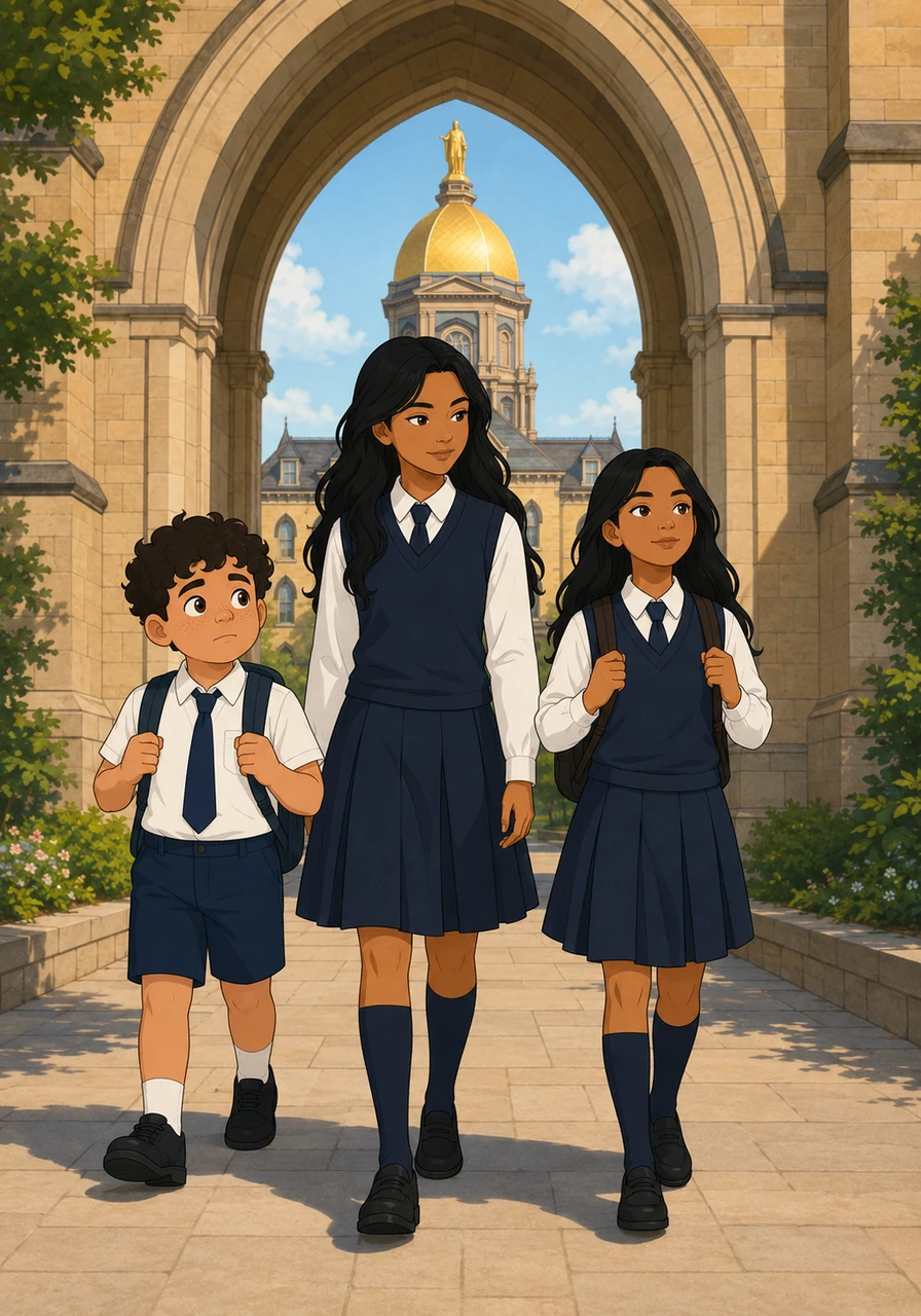 The first day at the new school arrives for the kids, and Judy walks with them through the tall arches of Notre Dame. Mateo looks nervous but curious, while Isabella stands tall, ready to find her own path in this historic place.