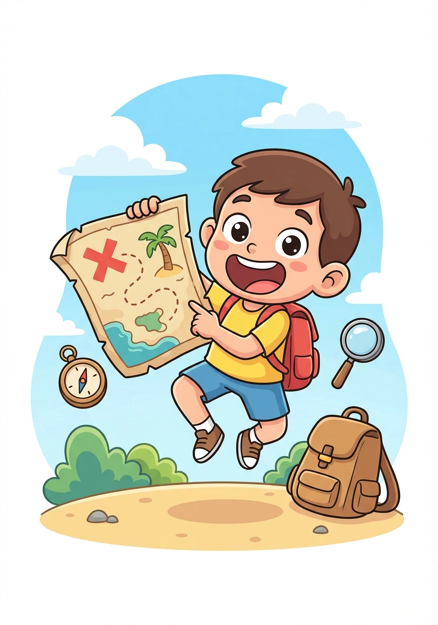 Peta itu menunjukkan lokasi harta karun yang tersembunyi di sebuah pulau misterius. Arif sangat bersemangat dan memutuskan untuk memulai petualangannya.