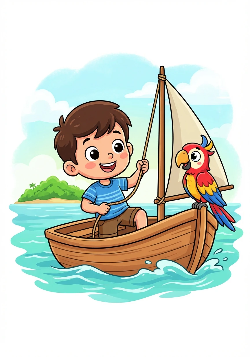 Mereka berlayar menggunakan perahu kecil menuju pulau yang ditunjukkan peta. Di tengah perjalanan, mereka bertemu dengan seekor burung beo yang lucu.