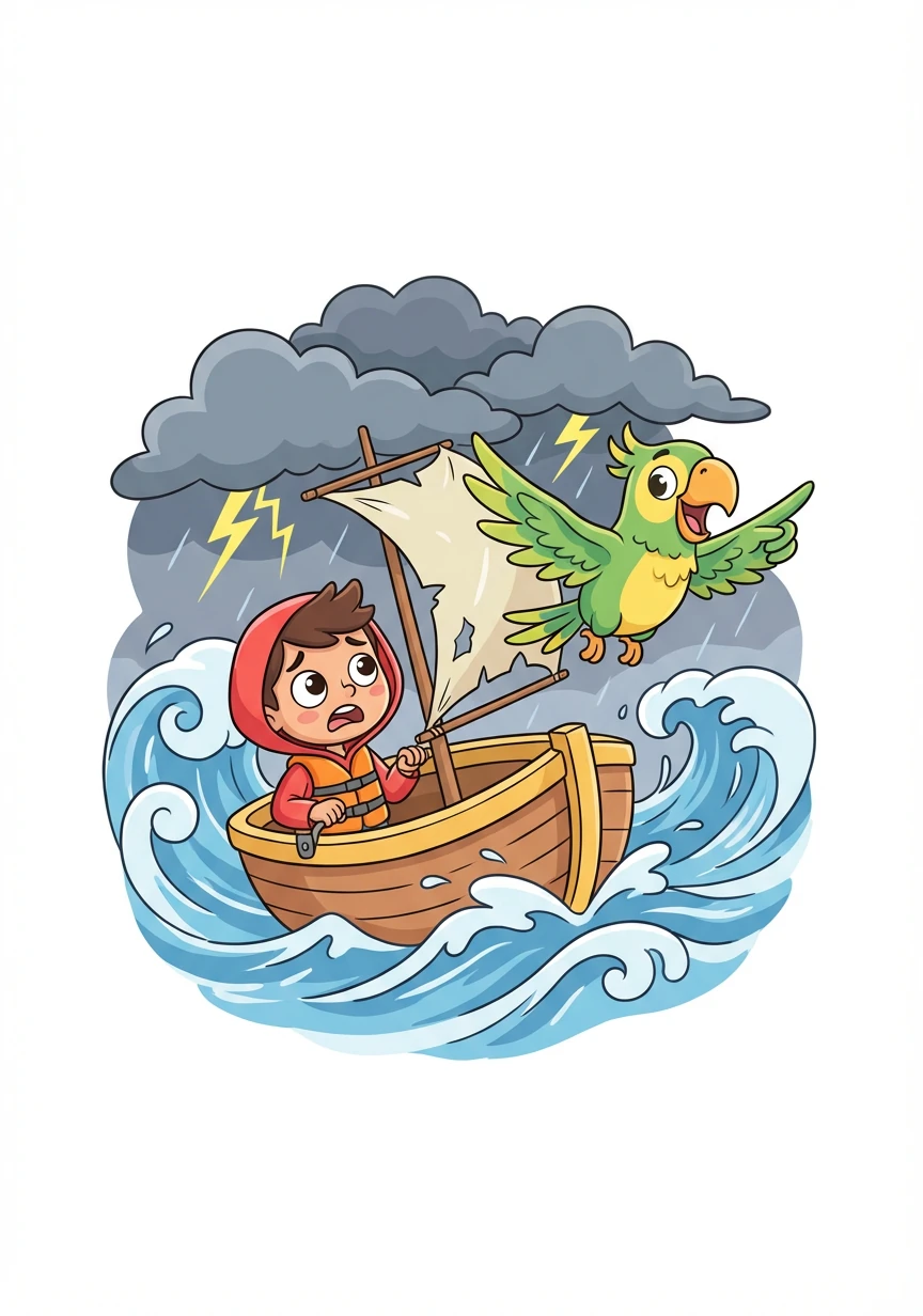 Burung beo bernama Beo itu bergabung dengan mereka dan membantu menavigasi perjalanan. Mereka melewati ombak besar dan badai yang menakutkan.