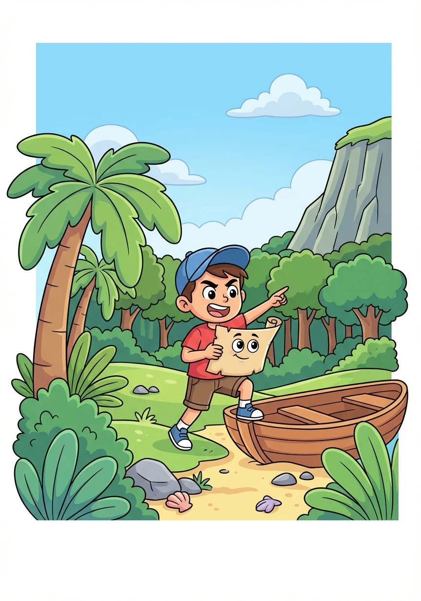 Akhirnya, mereka tiba di pulau misterius. Pulau itu penuh dengan hutan lebat dan tebing-tebing curam. Mereka mulai mencari harta karun berdasarkan petunjuk di peta.