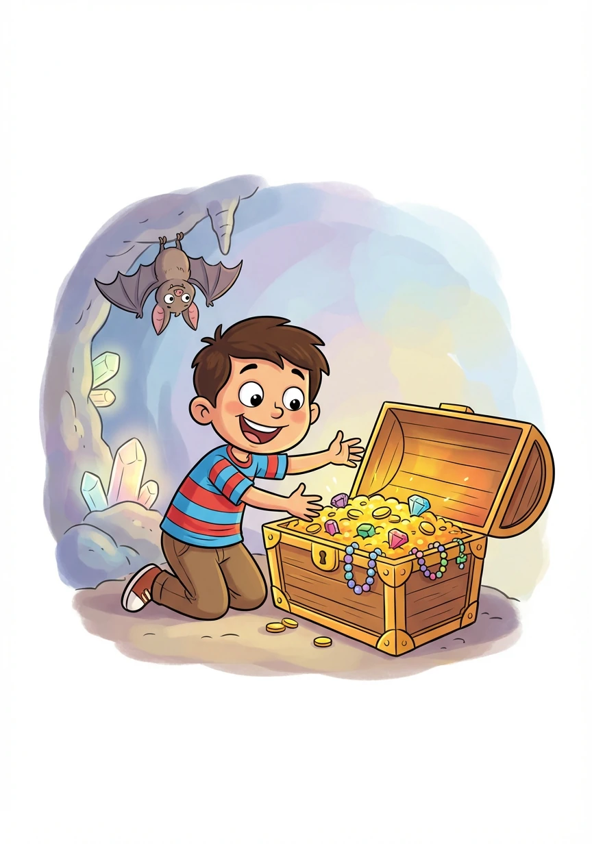 Setelah melewati berbagai tantangan, mereka menemukan sebuah gua tersembunyi. Di dalam gua, mereka menemukan peti harta karun yang penuh dengan koin emas dan permata.