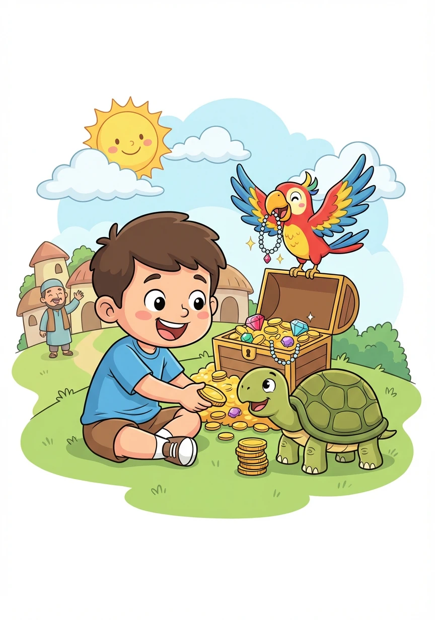 Arif, Kura, dan Beo sangat senang. Mereka membagi harta karun itu secara adil dan memutuskan untuk menggunakan sebagian untuk membantu desa mereka.