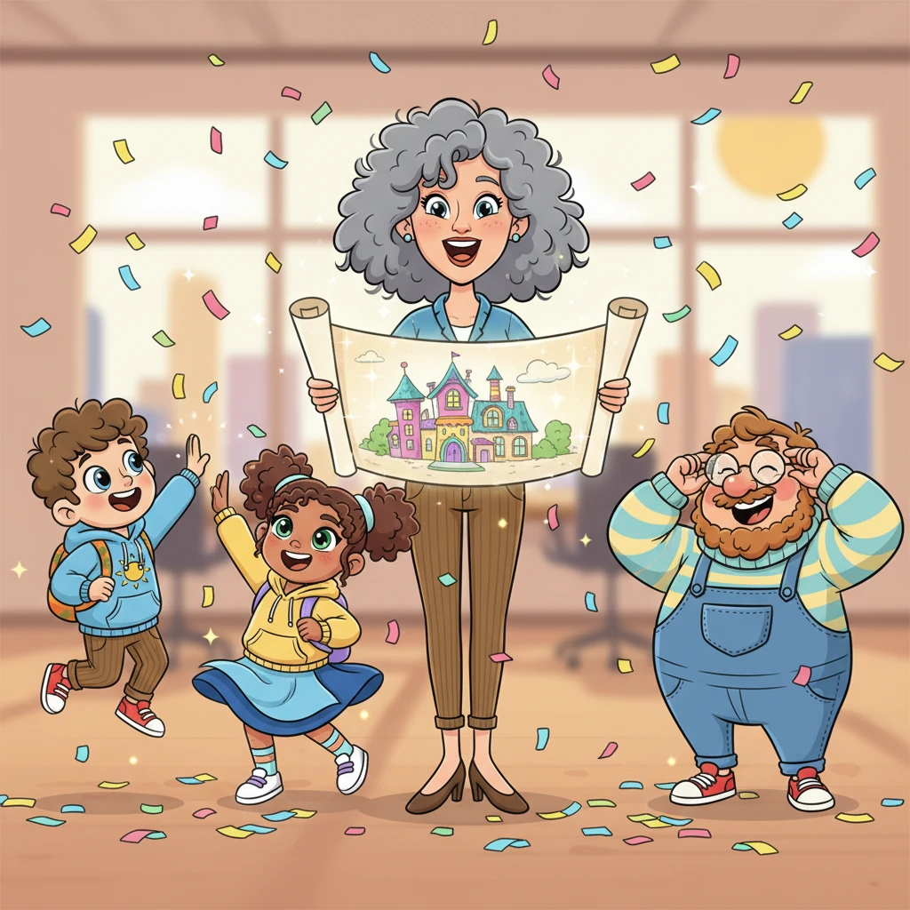 Jesler, a tall woman with grey curly hair, beams proudly, holding up a giant, shimmering blueprint of the new Pastiel office. Around her, the team erupts in exaggerated cheers; Hylke high-fives Anita, whose dirndl swirls, while Gjalt adjusts his glasses with a wide smile. Bright, colorful confetti rains down, signaling a grand new adventure.