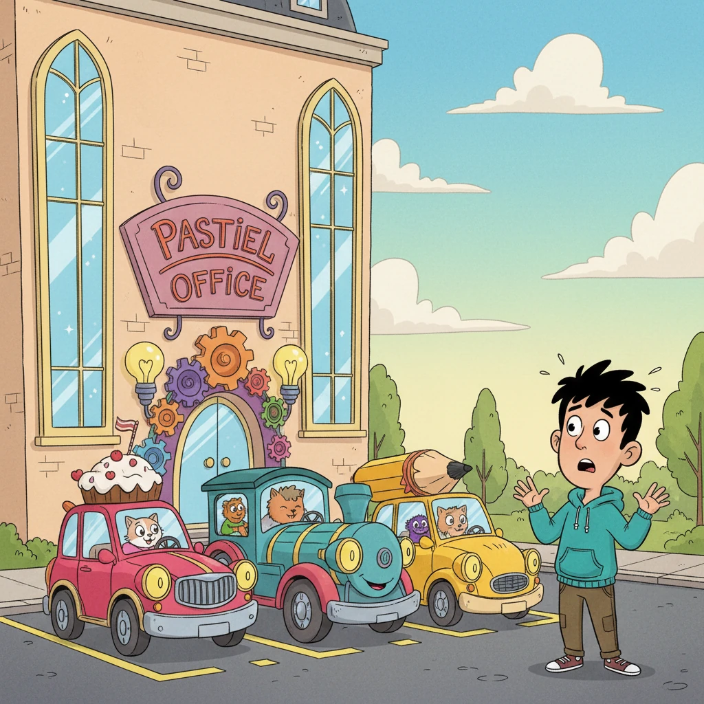A whimsical parade of cartoon cars, each uniquely decorated, pulls up to Pastiel's sparkling new building in Joure. The office boasts impossibly tall windows and a welcoming, exaggerated entrance. Martijn, with his spiky black hair, already has a comically worried expression as he scans the small-looking parking area, anticipating trouble.