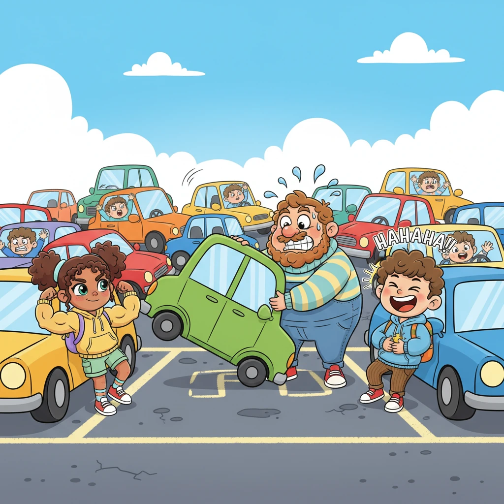 The parking lot is a vibrant mess of squeezed cars and frantic drivers. Martijn, now sweating cartoonishly, attempts to guide a giant, wobbly car into a space clearly meant for a tricycle, his face a mask of comical frustration. Hylke leans against a car, his belly shaking with laughter, while Anita flexes, looking ready to karate-chop a parking spot into existence.