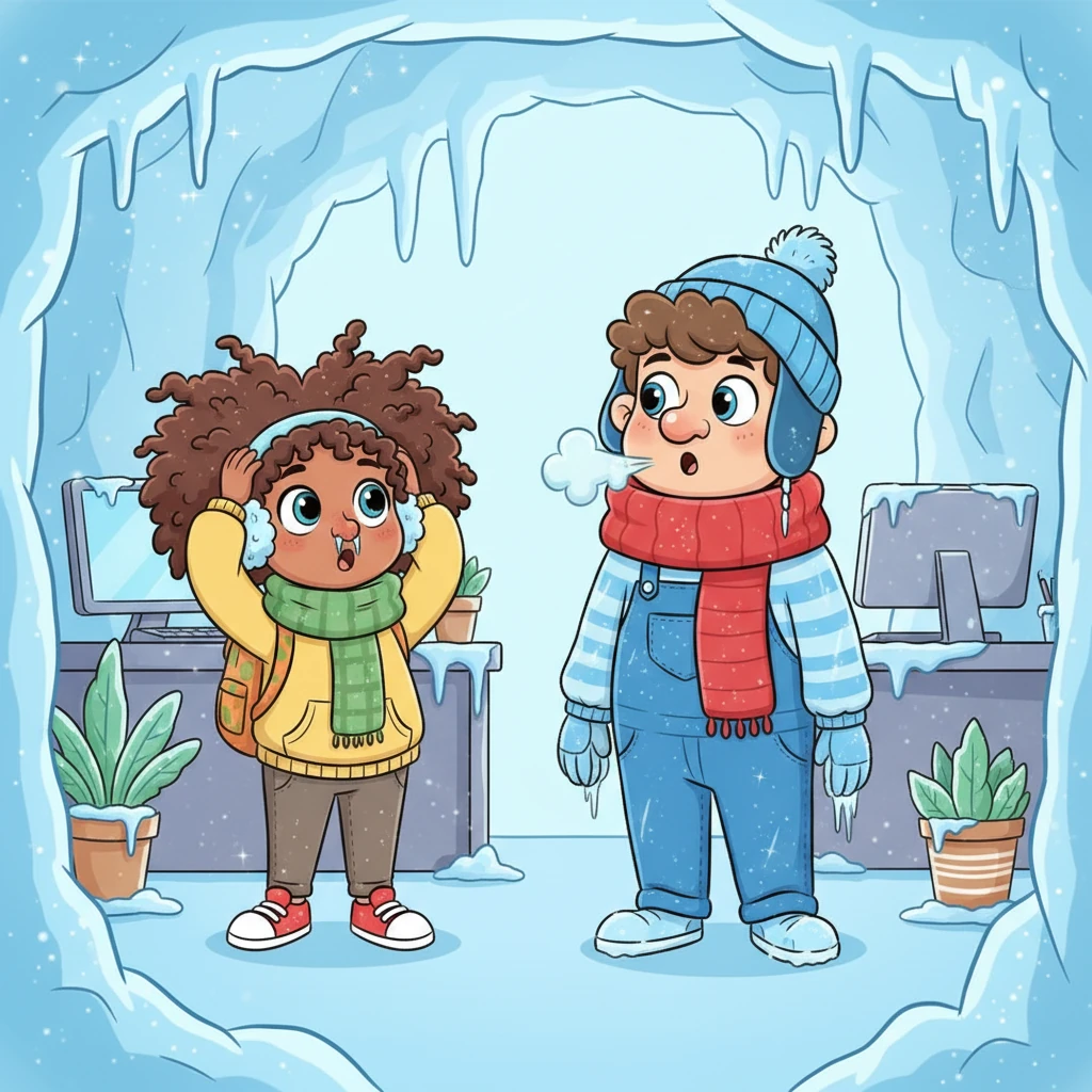 Just moments later, the office transforms into a shimmering, frosty wonderland. Everyone is bundled in layers of comically thick scarves and hats, their breath forming exaggerated clouds in the air. Gerry stands stiff as an ice sculpture, while Tiffany's usually wild hair is now a spiky, frozen mess. Icicles hang playfully from noses, creating a whimsical, chilly scene.