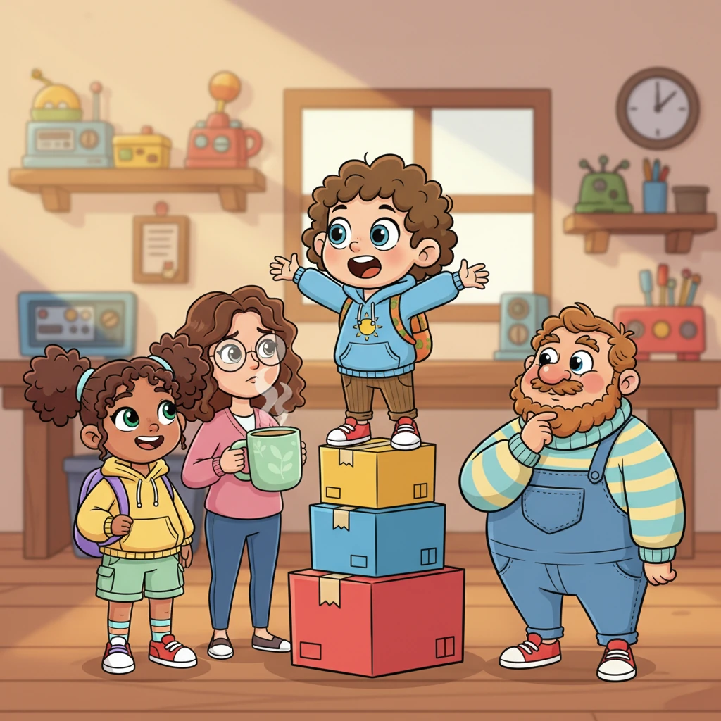 Jesler, standing on a small, wobbly stack of colorful boxes, attempts to give a motivational speech. Her arms are thrown wide in an exaggerated gesture of exasperation and hope. The team listens with diverse, expressive faces: Hylke grins impishly, Gjalt strokes his chin thoughtfully, and Rebekka, looking a little stressed, sips from a giant, steaming mug of herbal tea.