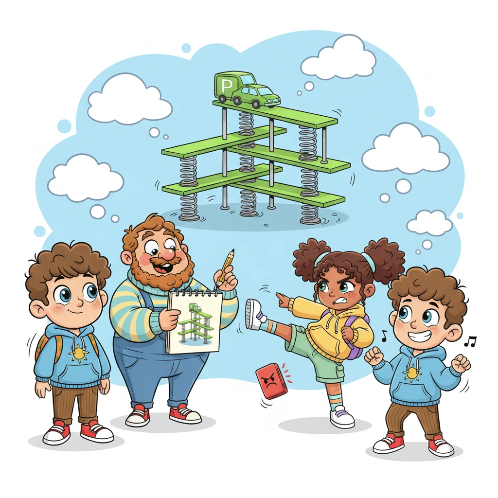 The team brainstorms hilarious solutions. Arjan, in his traditional lederhosen, sketches a fantastical, multi-story parking tower made of spring-loaded platforms. Gaatse, with a charming smirk, suggests a "warm-up dance" to combat the cold. Anita demonstrates a powerful kick, implying a direct approach to the temperamental thermostat, much to Hylke's amusement.