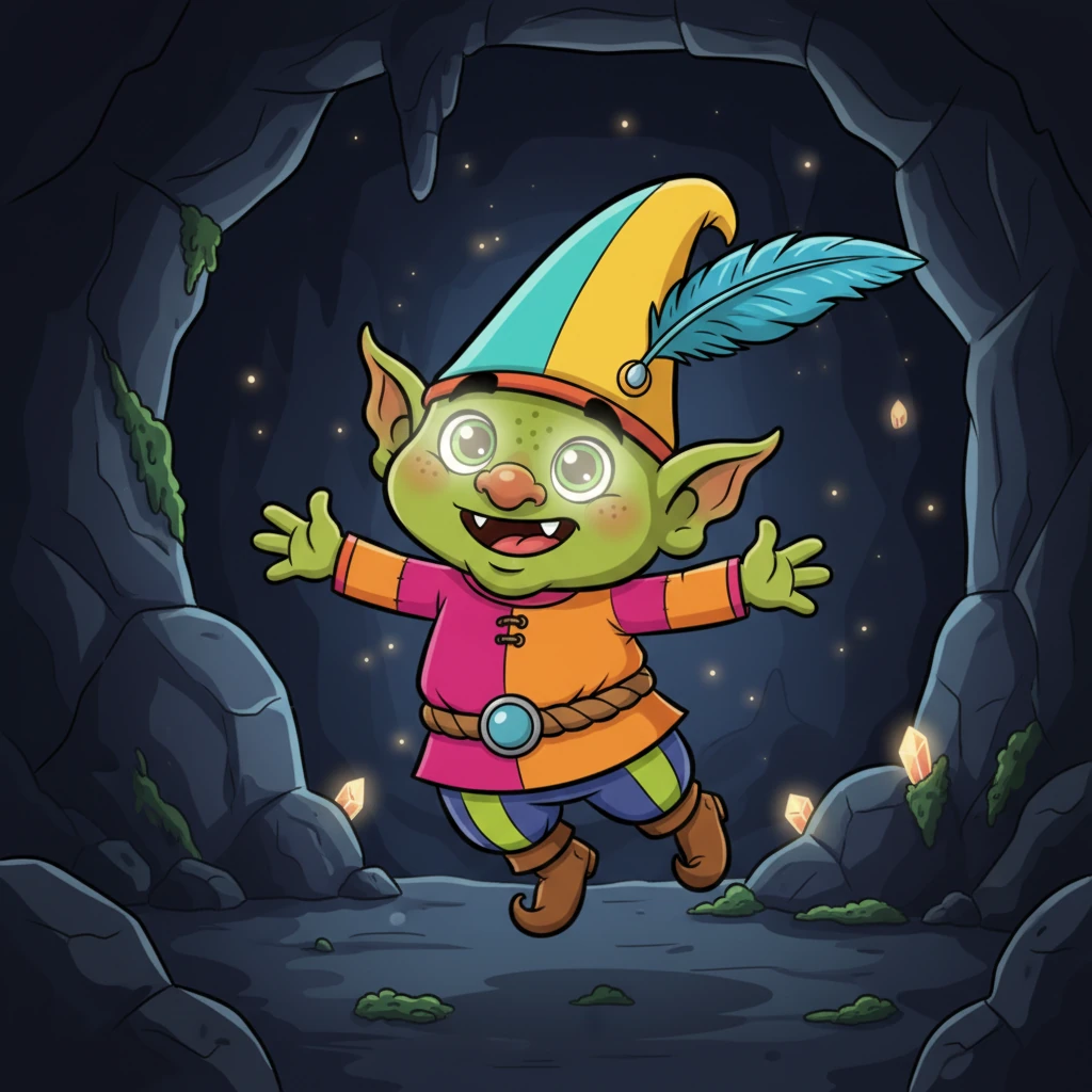 Una figura pequeña y redonda con enormes ojos relucientes apareció entre las sombras. Era el Duende de la Caverna, con orejas puntiagudas y una sonrisa pícara. No era aterrador, sino más bien como un personaje de caricatura travieso, flotando ligeramente en el aire.